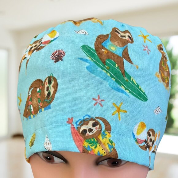 Surfing Sloths Euro Scrub Cap~ Unisex Nurse Cap, CNA, MD, NP, Vet, Gifts. - Picture 2 of 3